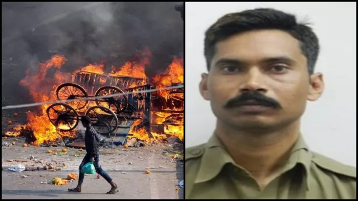 दिल्ली दंगे की तस्वीर और हेड कांस्टेबल रतन लाल (फाइल फोटो)।