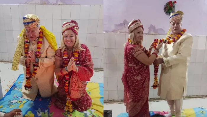 Foreign Couple Marriage: आगरा के मंदिर में शादी की रस्मों के बीच बार्सिलोना के जोस और इजाबेल
