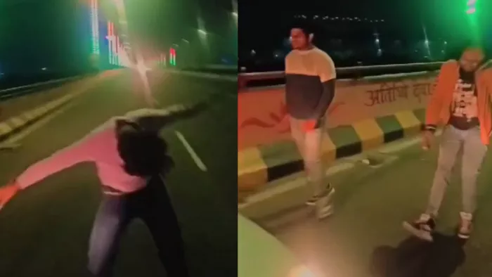 एलिवेटेड रोड पर 'लावारिस' फिल्म के गाने पर चार युवकों के झूमने का वीडियो वायरल।