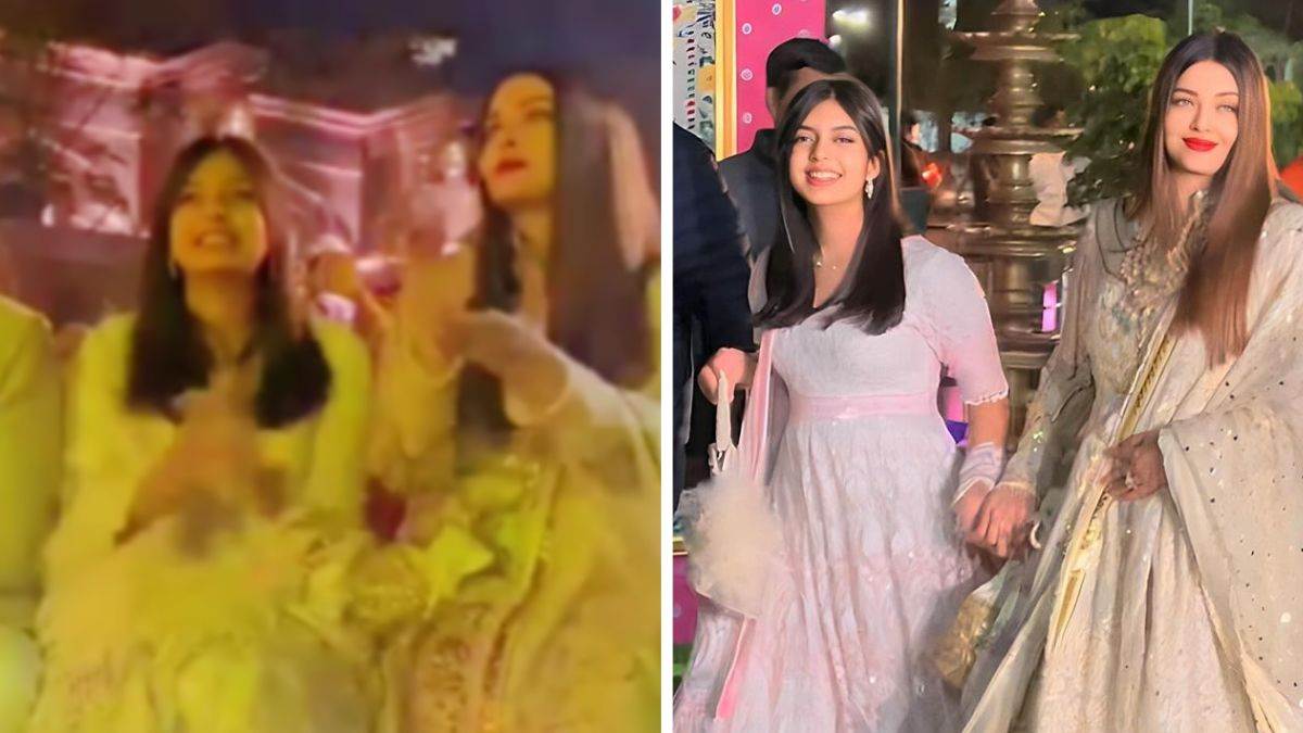 aishwarya rai daughter aaradhya bachchan dance on dhol beat her look shocked netizens in anant ambani and radhika merchant pre wedding function