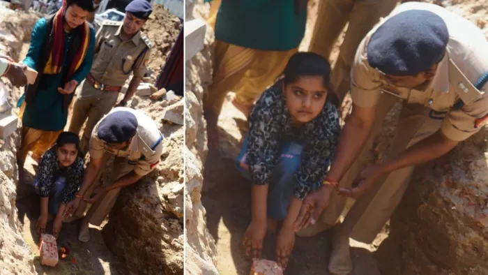 पूजा अर्चना के बाद इनाया ने किया दीपा सराय पुलिस चौकी का शिलान्यास। (तस्वीर जागरण)
