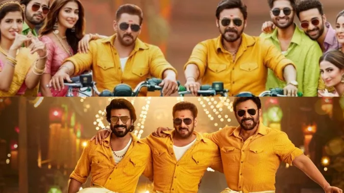 Still Image of Salman Khan, Ram Charan and Venkatesh Daggubati from Yentamma Song of Kisi Ka Bhai Kisi Ki Jaan