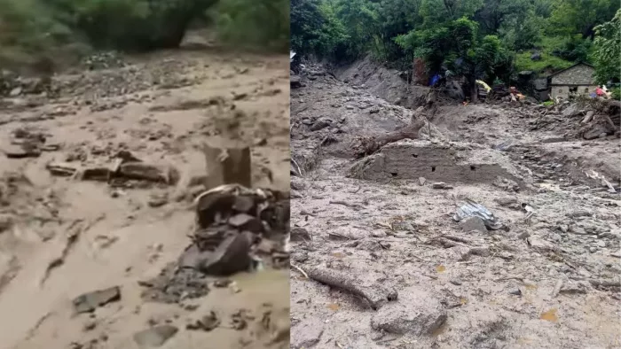 शिमला में भारी वर्षा के कारण भौंट में सडक पर नाले की तरह बहता वर्षा का पानी।