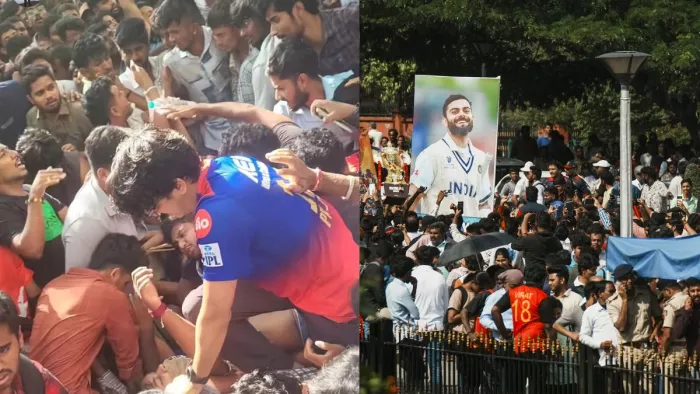 RCB Victory Parade से पहले चिन्नास्वामी स्टेडियम के बाहर मची भगदड़।(फोटो सोर्स: पीटीआई)
