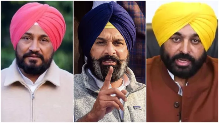 मजीठिया (बीच में) ने भगवंत मान (दाएं) और पूर्व सीएम चरणजीत चन्नी (बाएं) पर गंभीर आरोप लगाए हैं। (फाइल फोटो)