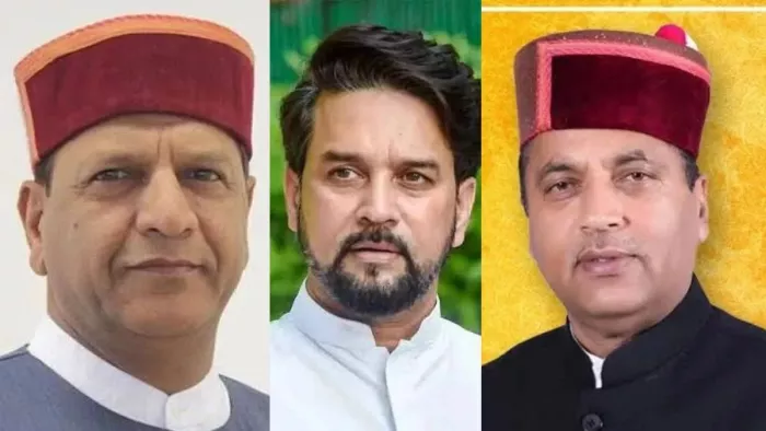 हिमाचल भाजपा अध्यक्ष राजीव बिंदल, सांसद अनुराग ठाकुर व पूर्व मुख्यमंत्री जयराम ठाकुर।