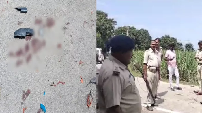 घटनास्थल पर डिक्की के टूटे भाग और खून के लगे धब्बे (बाएं), घटनास्थल पर पहुंचकर जांच में जुटे थानाध्यक्ष।
