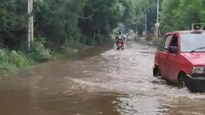 कैर गांव की मुख्य सड़क पर खेत से आया पानी। फोटो- जागरण