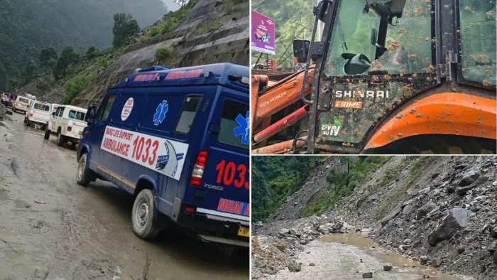 मनाली हाईवे पर भूस्खलन के बावजूद ग्रीन कॉरिडोर बनाकर घायल को एम्स ले जाते हुए व पोकलेन पर गिरे पत्थर।