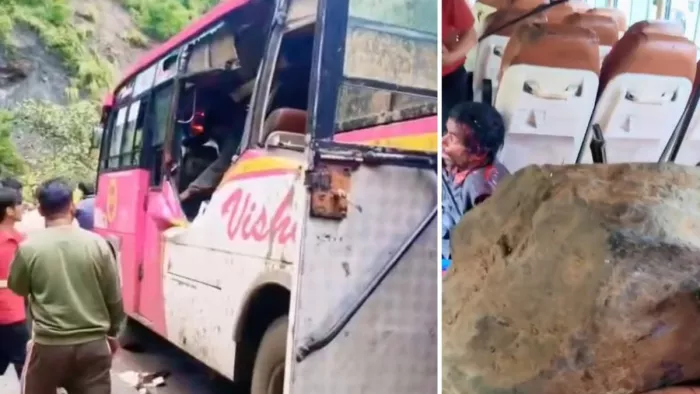 शिमला के रामपुर में बस पर गिरी चट्टानें