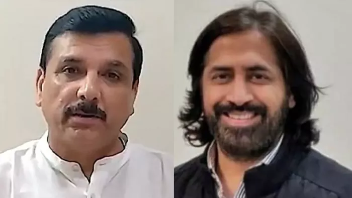 आम आदमी पार्टी के राज्यसभा सदस्य संजय सिंह और शराब कारोबारी दिनेश अरोड़ा।