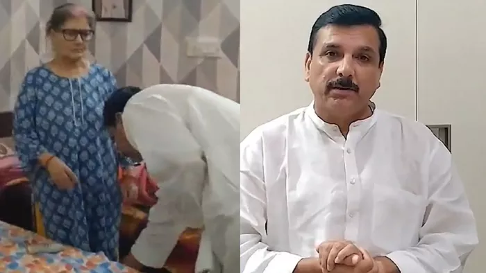 मां के पैर छूते आप सांसद संजय सिंह।