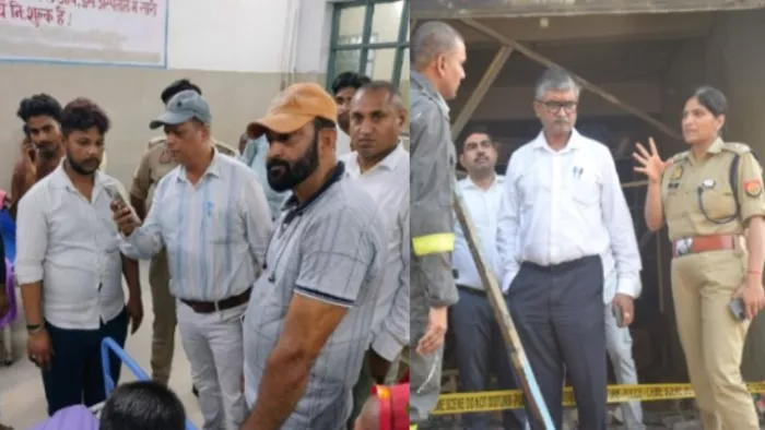लोहिया अस्पताल में भर्ती घायलों से पूछताछ कर वीडियो बनाते एटीएस के प्रभारी निरीक्षक आनंद कुमार तिवारी (मध्य में)। जागरण
