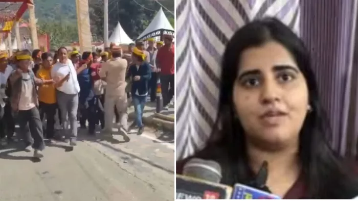 कुल्लू दशहरा में तहसीलदार को खींचते कुछ लोग व मीडिया से बात करती अधिकारी की बेटी डॉ. अंशुमाला।