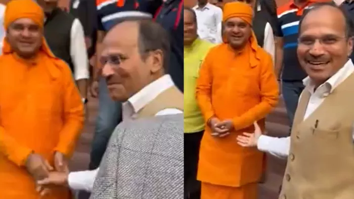महंत बाबा बालकनाथ और अधीर रंजन चौधरी (फोटो: एएनआई)