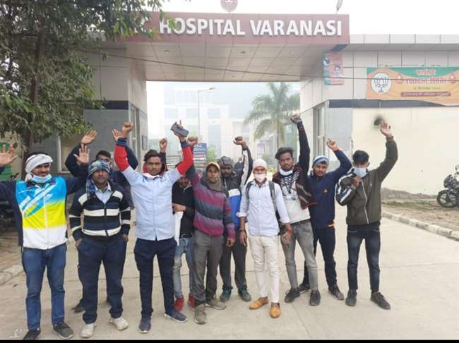 sanitation workers protest at esic hospital located at pandit deendayal hospital in pandeypur