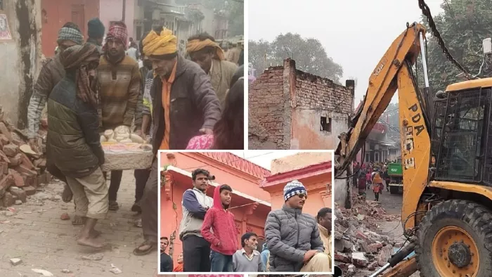 भरद्वाज आश्रम के समीप ध्वस्तीकरण के दौरान मौजूद स्थानीय लोग । जागरण