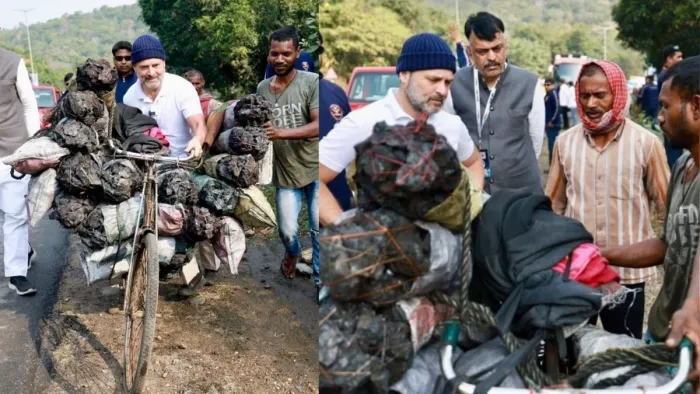 साइकिल पर कोयला लादकर ले जाते राहुल गांधी।