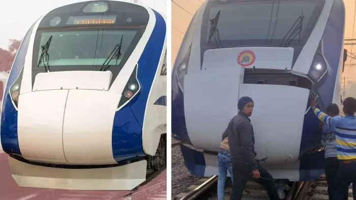 सांड टकराने से वंदे भारत ट्रेन का अगला हिस्सा खुल गया। जागरण