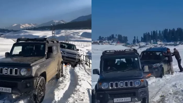 बर्फ में फंसी Land Rover Defender और Mahindra Scorpio को Maruti Jimny ने खींचकर बाहर निकाला।