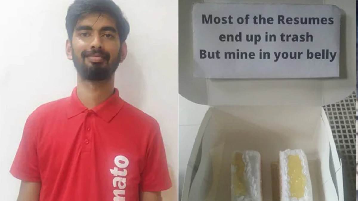 bengaluru man wearing zomato t shirt delivers resume in pastry box