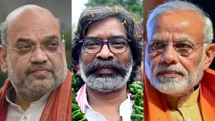 केंद्रीय गृह मंत्री अमित शाह, झारखंड के CM हेमंत सोरेन और प्रधानमंत्री मोदी। (फाइल फोटो)