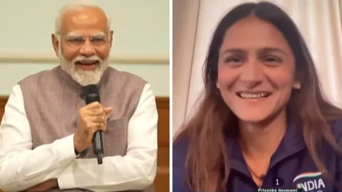 प्रधानमंत्री नरेन्द्र मोदी से बात करते हुए प्रियंका गोस्वामी। वीडियो ग्रैब