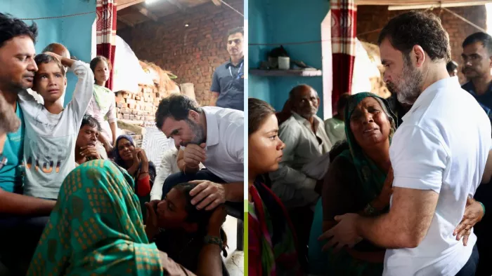 हाथरस में सत्संग के दौरान हुई भगदड़ में मारे गए लोगों के परिजनों से मिले राहुल गांधी।