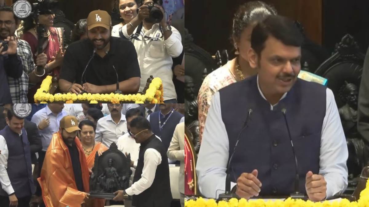 rohit sharma speaking in maharashtra vidhan bhavan suryakumar yadav shivam dube yashasvi jaiswal eknath shinde devendra fadnavis