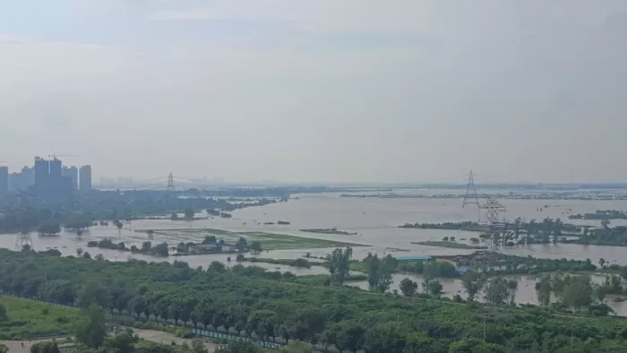 नोएडा सेक्टर 150 के पास यमुना में आई बाढ़ में डूबे फार्म हाउस और फसल।