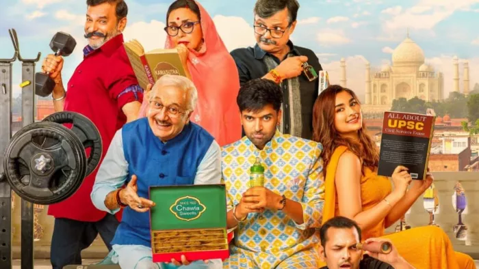फिल्म कुछ खट्टा हो जाए के पोस्टर में अनुपम खेर, गुरु रंधावा व अन्य कलाकार।