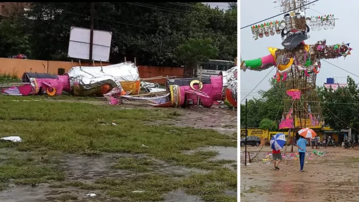 Dussehra 2022 : कानपुर में बारिश ने भिगोए रावण के पुतले।