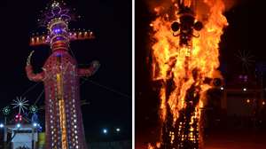 Agra Dussehra News: रामलीला मैदान में जलता रावण का पुलता।