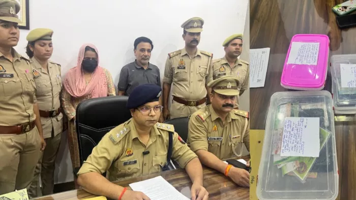 पुलिस गिरफ्त में दोनों आरोपित व गिरोह के पर्दाफाश की जानकारी देते एसीपी मोदीनगर। जागरण