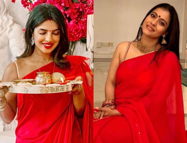 in pics priyanka chopra jonas and kajol wear same style outfit for karwa chauth celebration similarity will surprise you