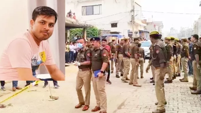 मृतक का फाइल फोटो और घटनास्थल पर मौजूद पुलिस अधिकारी।