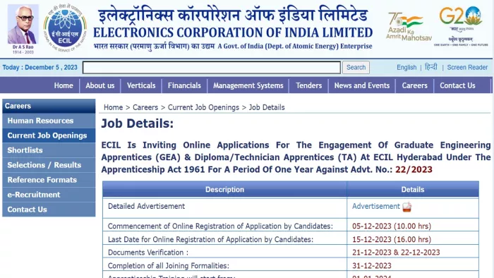 ECIL Recruitment 2023 के लिए 15 दिसंबर तक ऑनलाइन भर सकते हैं फॉर्म।