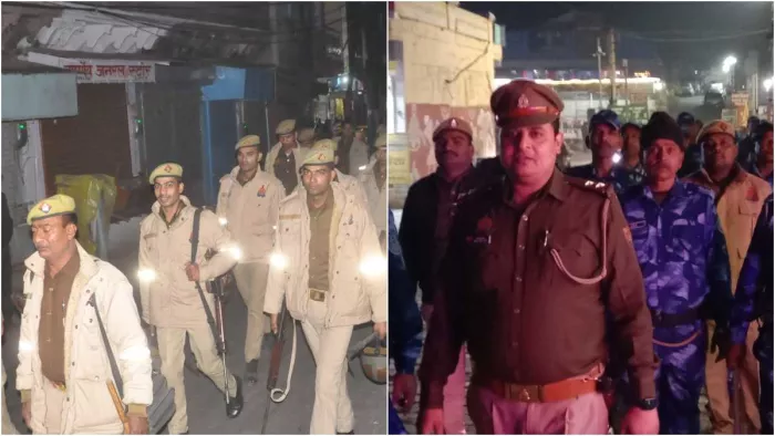Mathura: चौक बाजार और गोविंद नगर क्षेत्र में पैदल गश्त करती PAC और RAF के जवान। जागरण