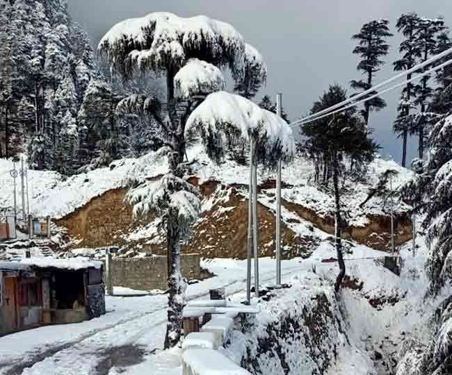 चकराता के लोखंडी क्षेत्र में पड़ी बर्फबारी का विहंगम नजारा।