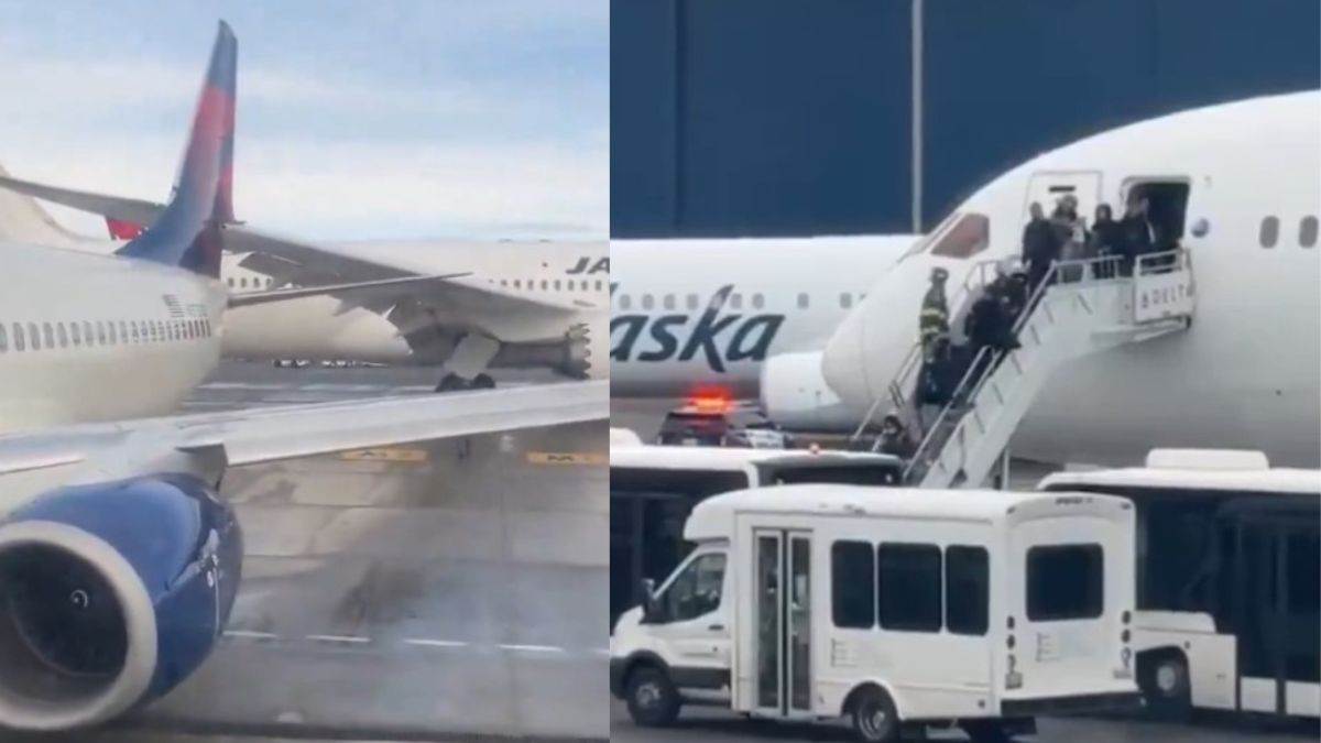 japan airlines plane collides with parked delta aircraft in us triggers panic video