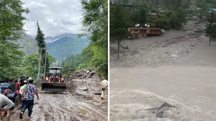 मणिकर्ण में बाढ़ के बाद बंद मार्ग की बहाली में जुटा प्रशासन व क्षतिग्रस्त कैंपिंग साइट।
