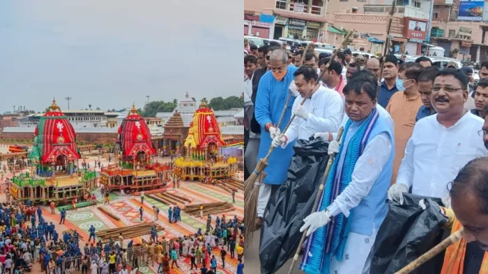 सिंहद्वार के सामने लगे तीनों रथ और टीम के साथ बड़दांड की सफाई करते सीएम माझी