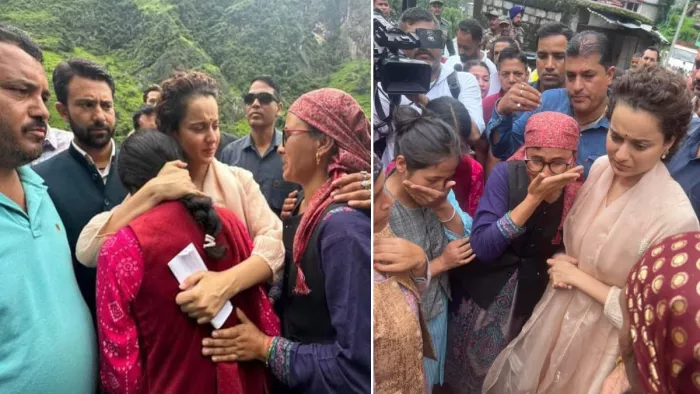 पीड़ित महिलाओं को दिलासा देते हुए मंडी सांसद कंगना रनौत (जागरण फोटो)