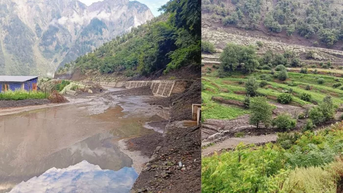जिला चंबा के पांगी में बादल फटने से आई बाढ़ के कारण हुआ नुकसान।