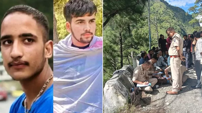 चंबा तीसा मार्ग पर हादसे में मारे गए युवकों के फाइल फोटो व मौके पर जांच करती पुलिस।