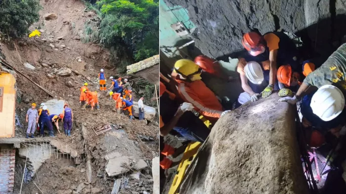 कुल्लू के इनर अखाड़ा बाजार में भूस्खलन से मलबे में दबे लोगों की तलाश करते एनडीआरएफ जवान व अन्य। जागरण