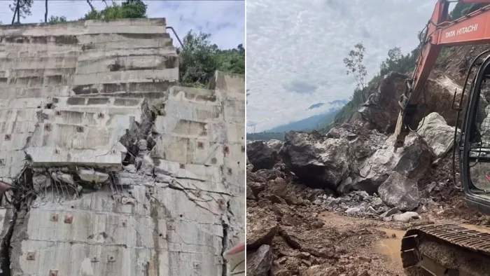 मनाली हाईवे पर भूस्खलन से क्षतिग्रस्त झलोगी टनल का साउथ पोर्टल व मार्ग पर गिरी चट्टानें हटाती पोकलेन। जागरण