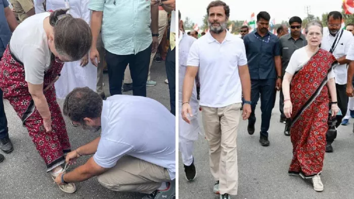 भारत जोड़ो यात्रा के दौरान सोनिया गांधी के जूते का फीता बांधते नजर आए राहुल गांधी