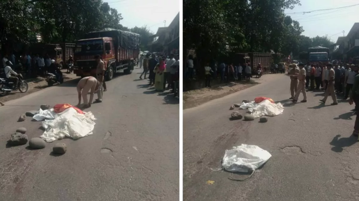 जिला बिलासपुर के कंदरौर बाजार में ट्रक की चपेट में आया बुजुर्ग व जांच करती पुलिस।