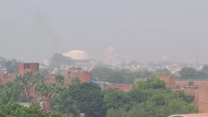 Agra News: धुंध के चलते धुंधला नजर आया ताजमहल।